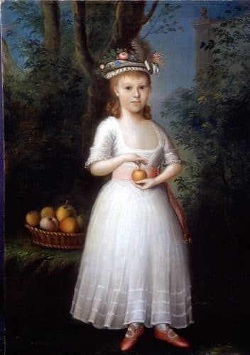 Portrait of a Young Girl holding an Applelabel QS:Len,"Portrait of a Young Girl holding an Apple" — Naïve Art