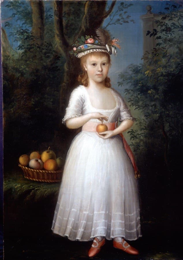 Portrait of a Young Girl holding an Applelabel QS:Len,"Portrait of a Young Girl holding an Apple" — Naïve Art artwork