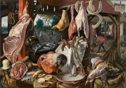 A Meat Stall with the Holy Family Giving Alms (The Butcher’s Stall) title QS:P1476,en:"A Meat Stall with the Holy Family Giving Alms (The Butcher’s Stall) "label QS:Len,"A Meat Stall with the Holy Family Giving Alms (The Butcher’s Stall) "label QS:Les,"Un puesto de carnicero con la huida a Egipto"label QS:Lja,"施しを与える聖家族のいる肉の屋台"label QS:Lfr,"Étal de viande avec la Sainte Famille faisant l'aumône durant la Fuite en Égypte"label QS:Lru,"Мясная лавка со святым семейством, раздающим милостыню"label QS:Lsv,"Slaktarboden (North Carolina Museum of Art)"label QS:Lpl,"Stoisko rzeźnika z ucieczką do Egiptu"label QS:Lhe,"חנות של קצב עם המשפחה הקדושה המחלקת צדקה"label QS:Lnl,"Vleeskraam bij een herberg, met Maria die aalmoezen uitdeelt"label QS:Lzh,"肉铺与圣家族的施舍"label QS:Lde,"Fleischerladen mit der heiligen Familie, die Almosen gibt"label QS:Lbg,"Сергия за месо"label QS:Lfa,"دکه گوشت‌فروشی و خانواده مقدس در حال دادن صدقه"label QS:Lda,"En slagterbod med Den Hellige Familie, der giver almisser" — Northern Renaissance