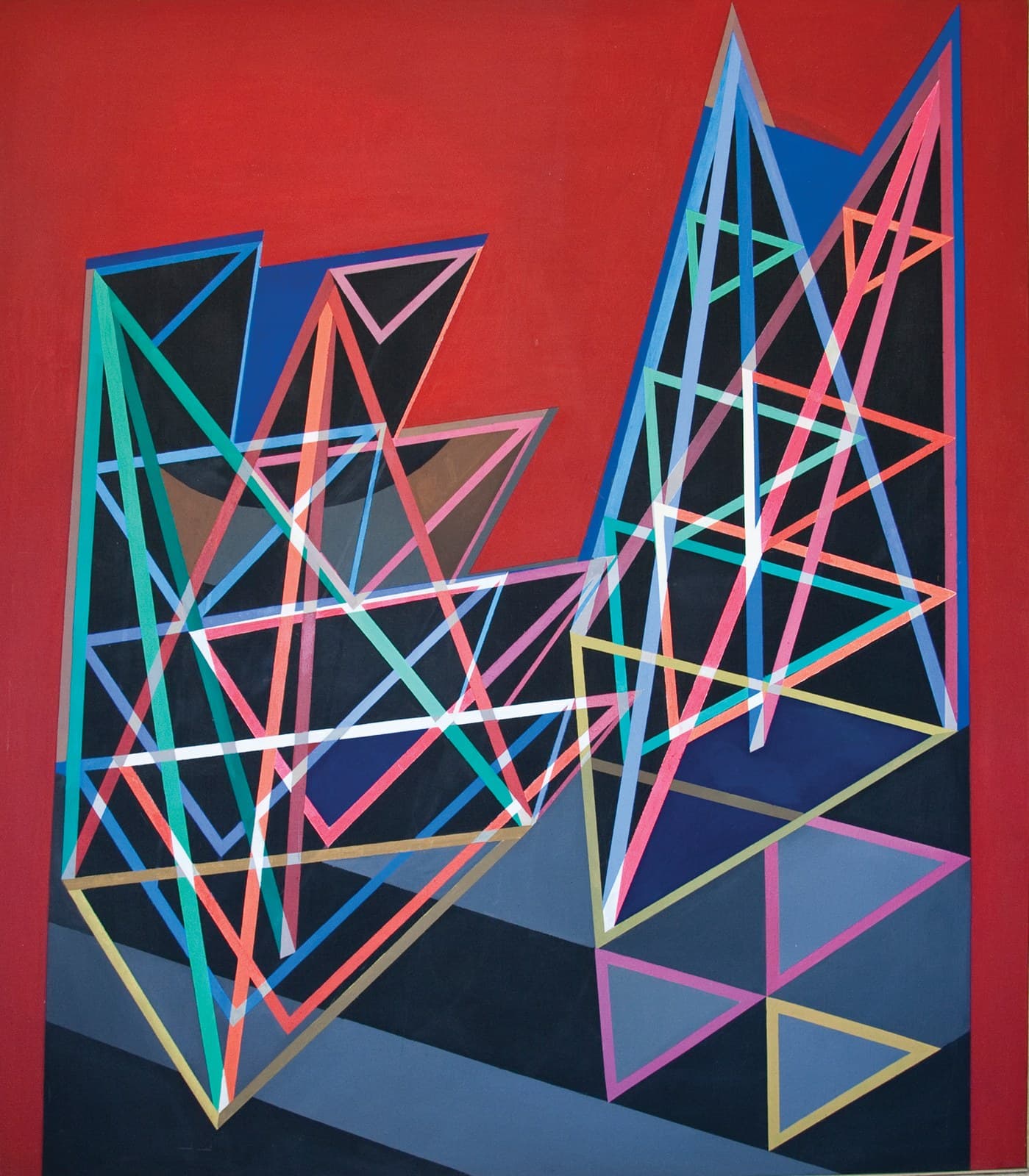 1968 Construction on Red Background — Op Art artwork
