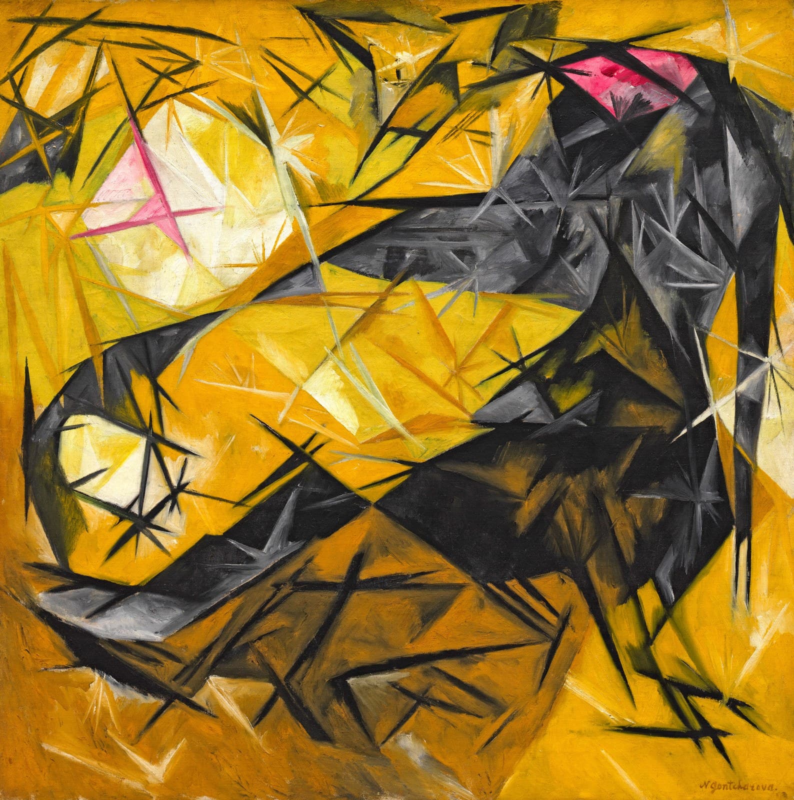 Cats (rayist percep.[tion] in rose, black, and yellow) — Rayonism artwork