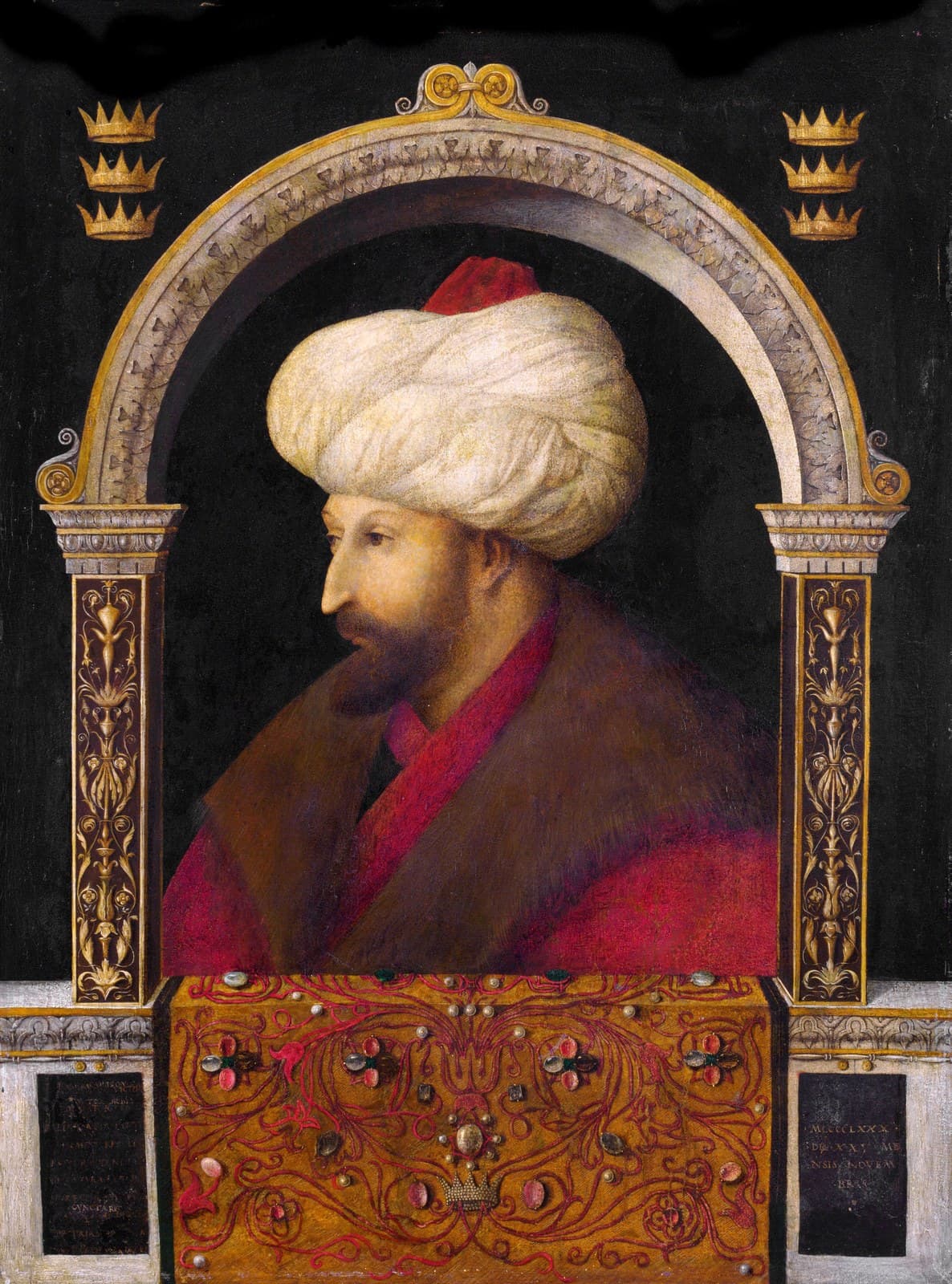 The Sultan Mehmet II title QS:P1476,en:"The Sultan Mehmet II "label QS:Len,"The Sultan Mehmet II "label QS:Lit,"Ritratto del sultano Mehmet II"label QS:Lfr,"Le Sultan Mehmet II"label QS:Lar,"بورتريه للسلطان محمد الفاتح للرسام جنتيلي بلليني، 1480"label QS:Lnl,"Portrait de Mehmed II"label QS:Ltr,"II. Mehmed Portresi"label QS:Lpt,"O retrato de sultão Otomano Maomé II, o Conquistador, pelo pintor italiano Gentile Bellini, 1480"label QS:Les,"El retrato del sultán Otomano Mehmed el Conquistador del pintor italiano Gentile Bellini, 1480"label QS:Leo,"Portreto de Sultano Mohamedo la Dua"label QS:Lde,"Das Porträt des Osmanischen Sultans Mehmet II der Eroberer" — Venetian School artwork